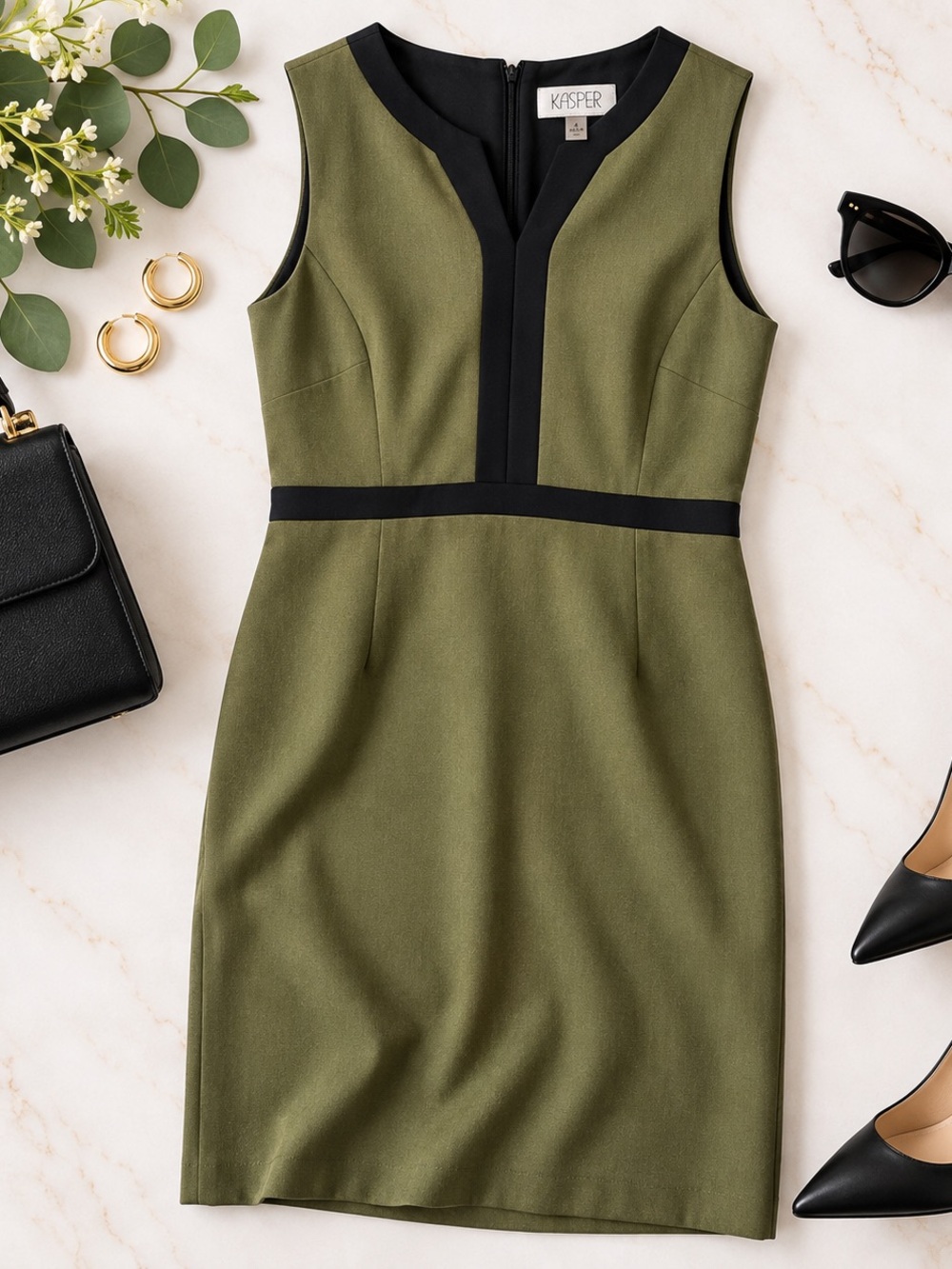 Kasper Olive Green & Black Colorblock Sheath Dress – Size 4